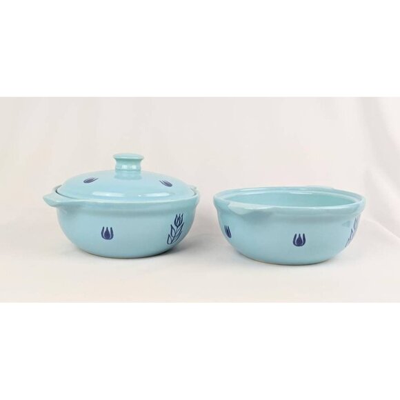 Set of 2 Blue Tulip Pottery Bowls | MCM Blue Crock Pot Individual Casserole Soup - Picture 2 of 9